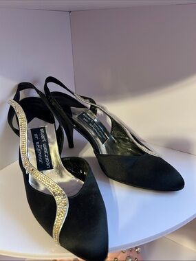 Vintage Stuart Weitzman Black Satin Slingback Heels with Crystal Trim